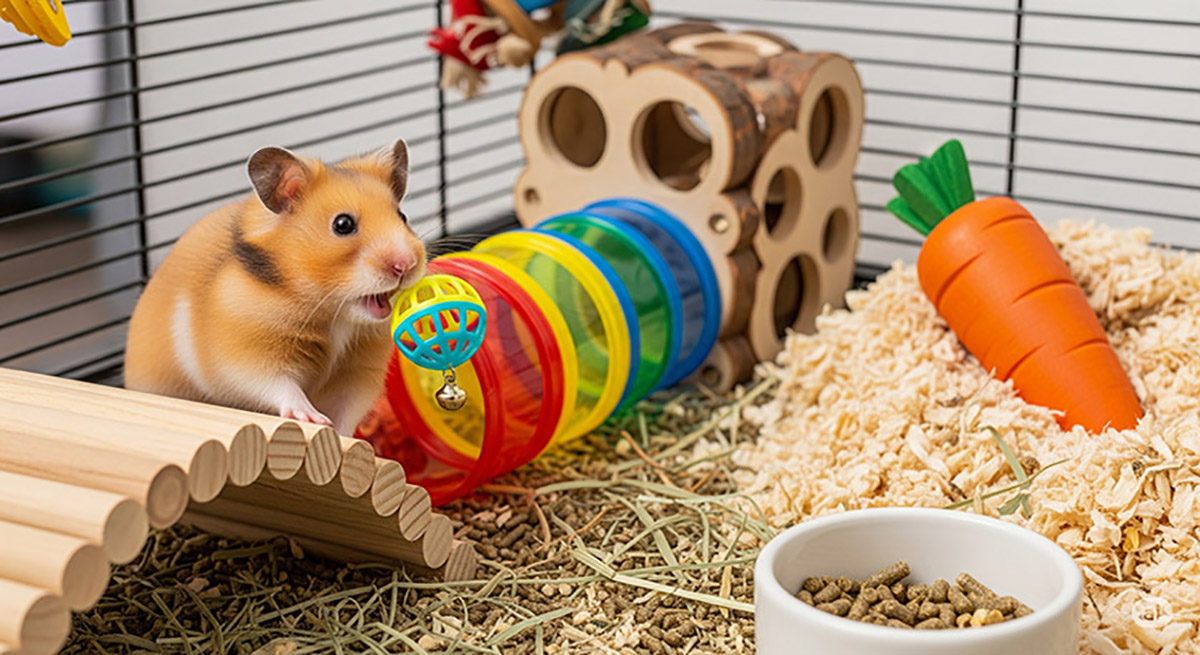 un hamster dans une cage avec ses jouets
