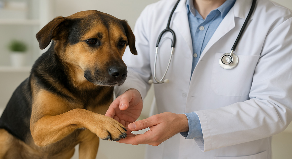 Chien examiné par un vétérinaire pour dysplasie de la hanche