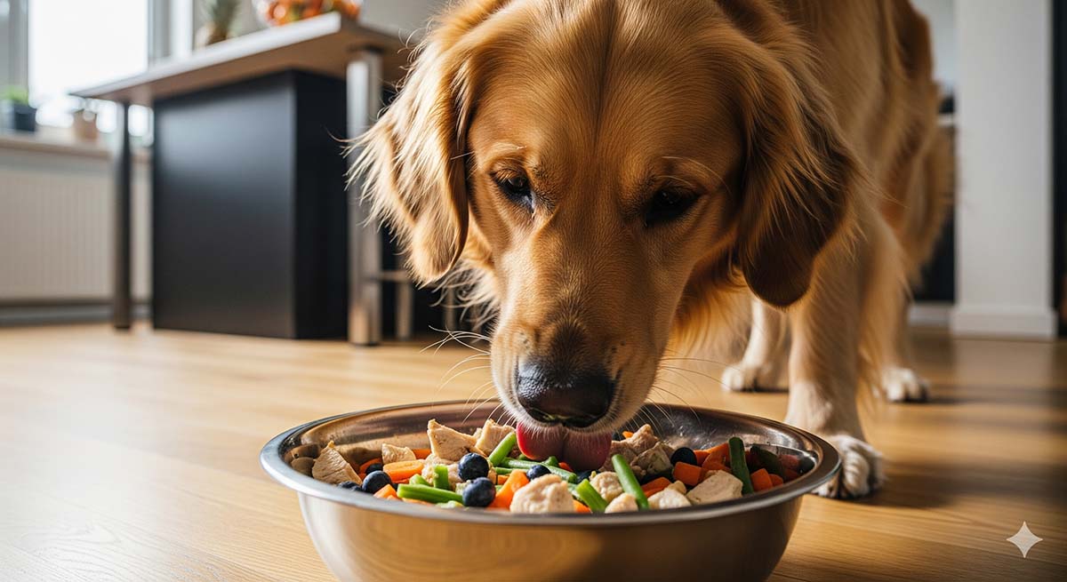 Chien mangeant des aliments frais