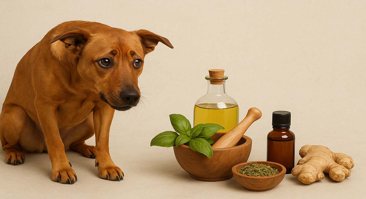 un chien isolé qui montre des signes de stress, et à côté des remède naturelles