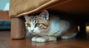 Un chat domestique caché sous un canapé