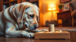 Un labrador domestique interagit avec un jouet-puzzle 