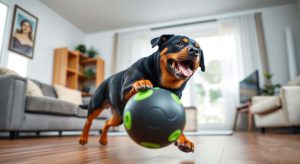 Un rottweiler joueur poursuivant une balle 