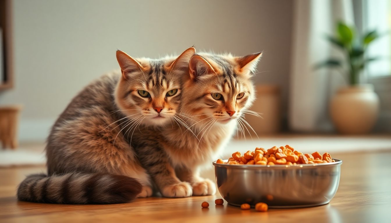 deux chats atteint d'arthrose devant leur gamelle