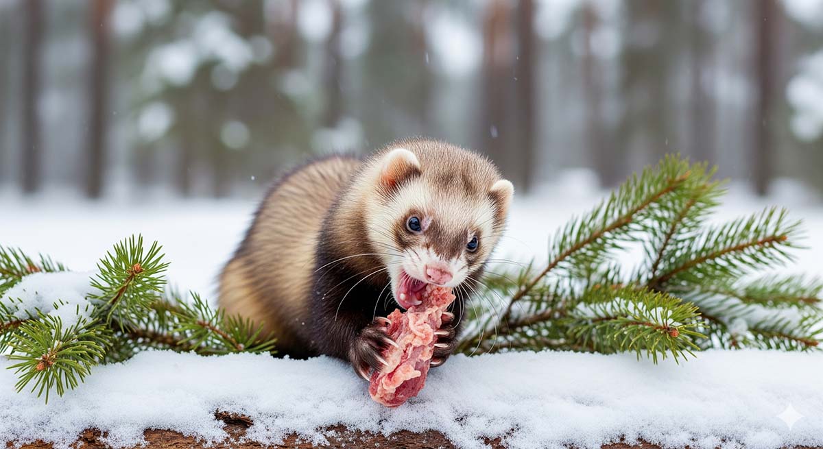 un furet en hiver qui mange