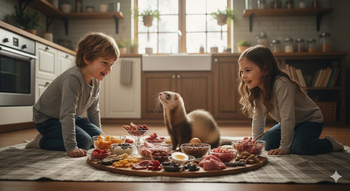 un furet en compagnie de deux enfants