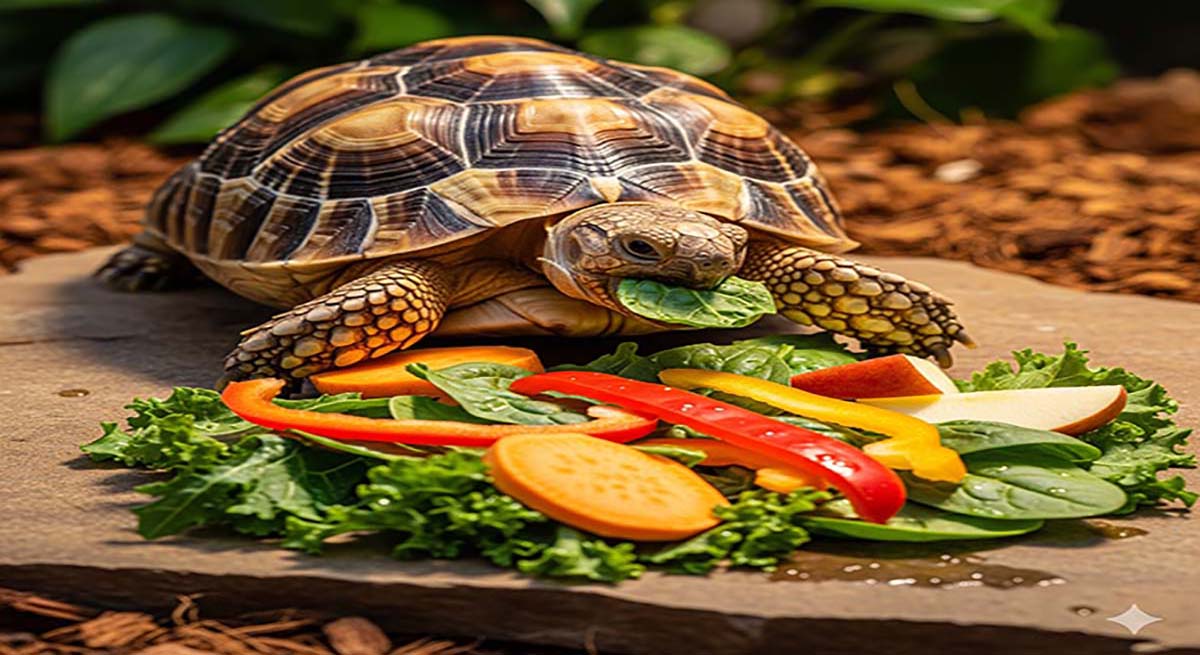 une tortue qui mange des légumes