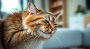 un chat domestique se toilettant excessivement, montrant des signes de stress