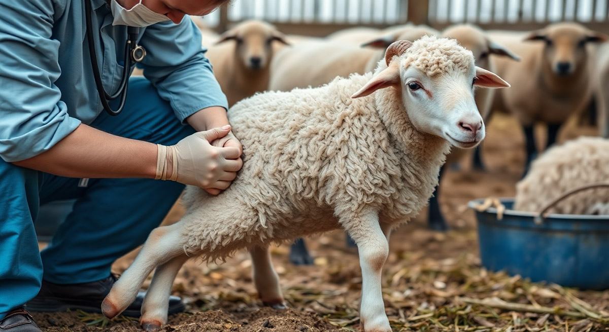 un vétérinaire entrain de soigner la patte d'un ovin image réelle dns un cadre de ferme