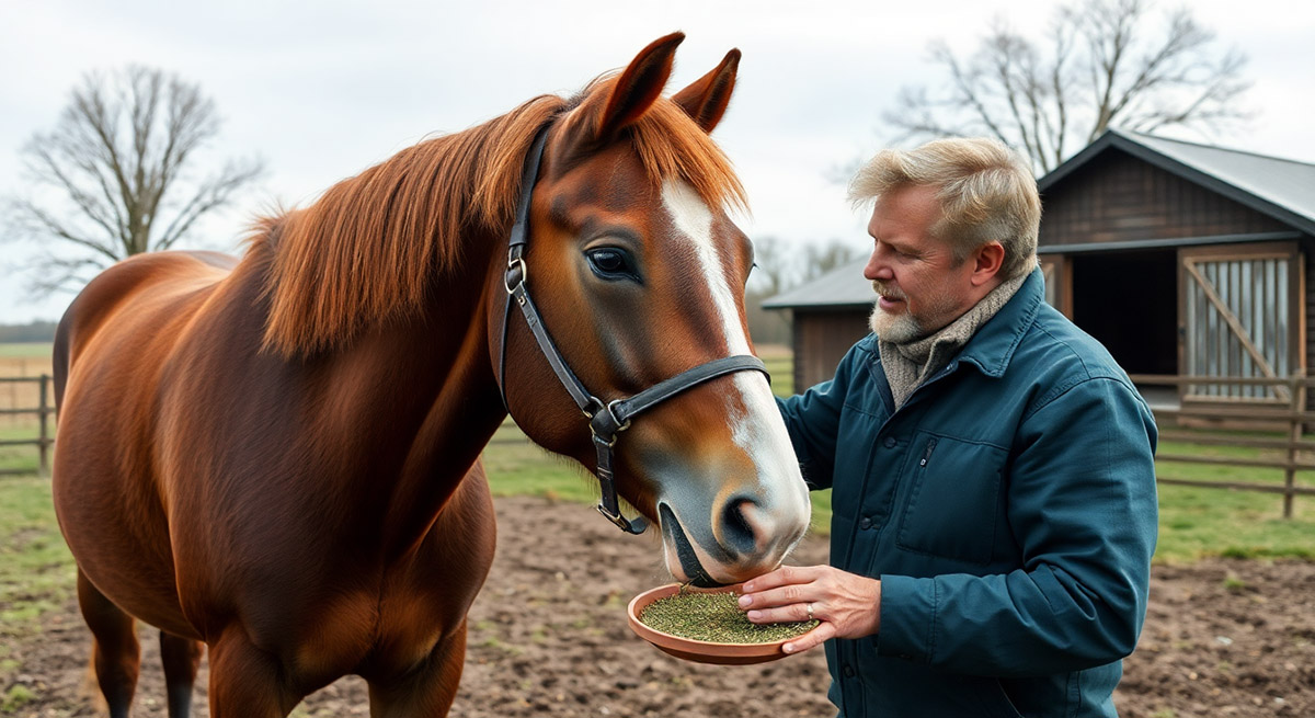 un cheval en compagnie d'un homme qui est entrain de lui préparer des soins naturel
