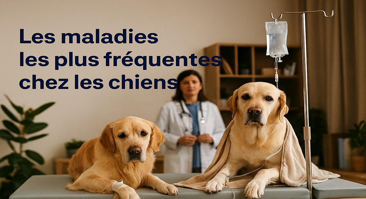 Ambiance chaleureuse, cabinet meublé avec plantes et bois clair, lumière douce, vétérinaire élégant aux côtés d’un Golden Retriever sous perfusion.